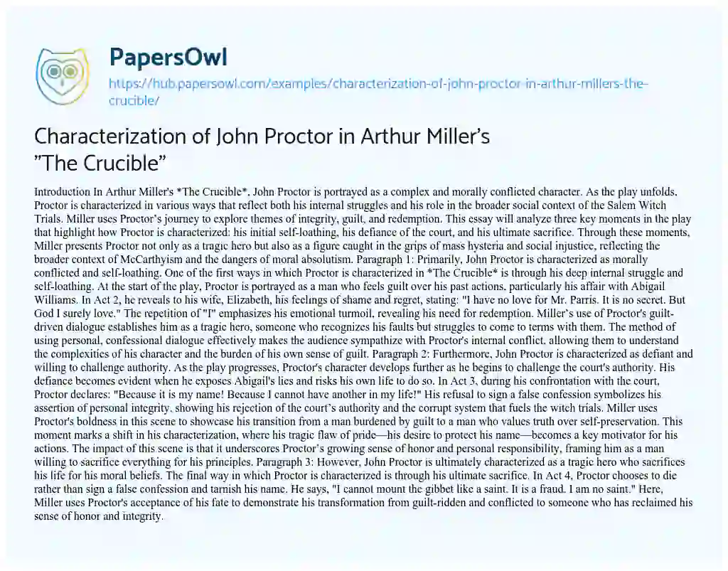 Essay on Characterization of John Proctor in Arthur Miller’s “The Crucible”