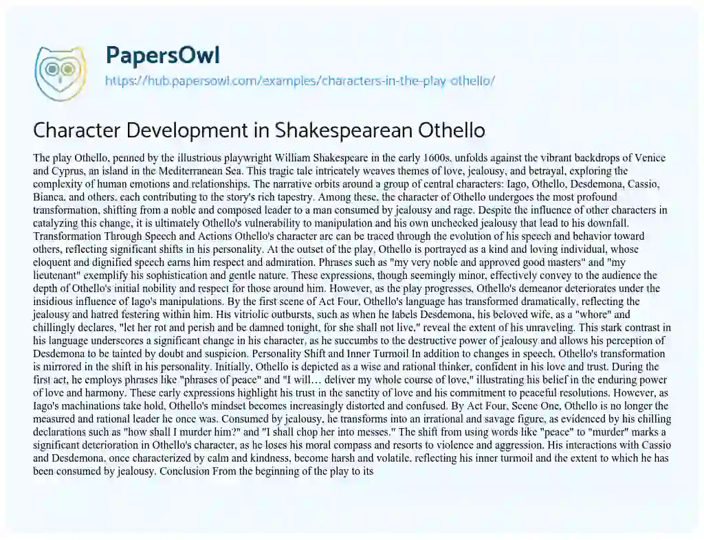Essay on Character Development in Shakespearean Othello