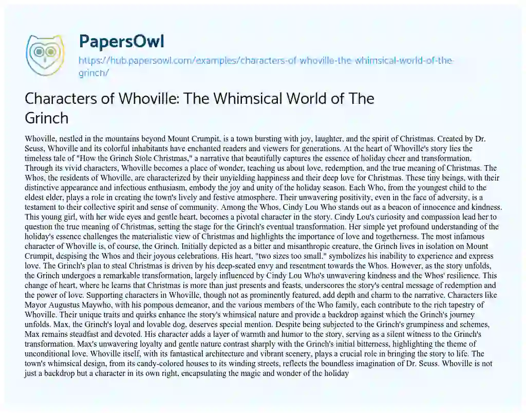 Essay on Characters of Whoville: The Whimsical World of The Grinch