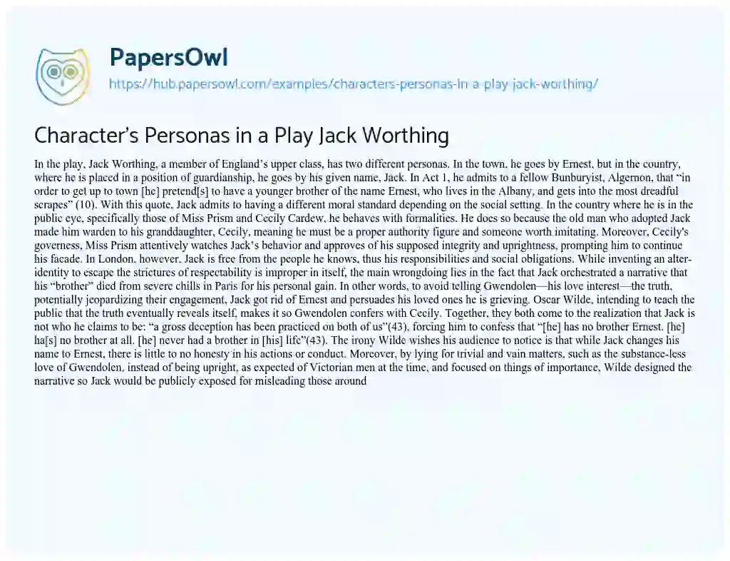 Essay on Character’s Personas in a Play Jack Worthing