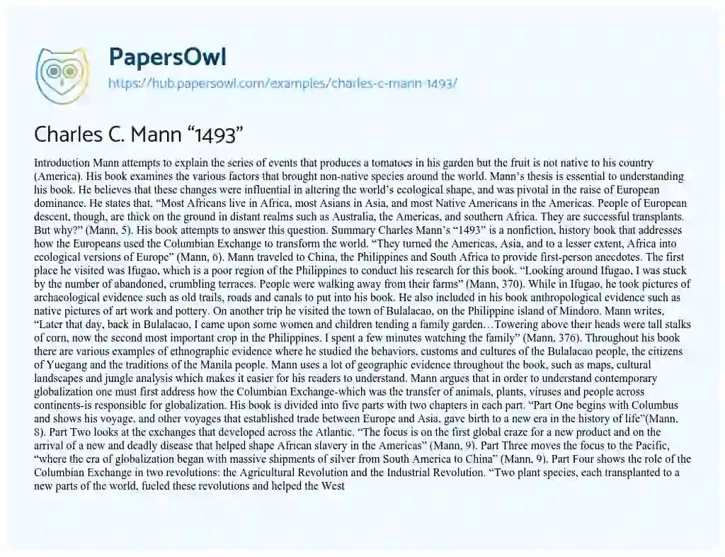 Essay on Charles C. Mann “1493”