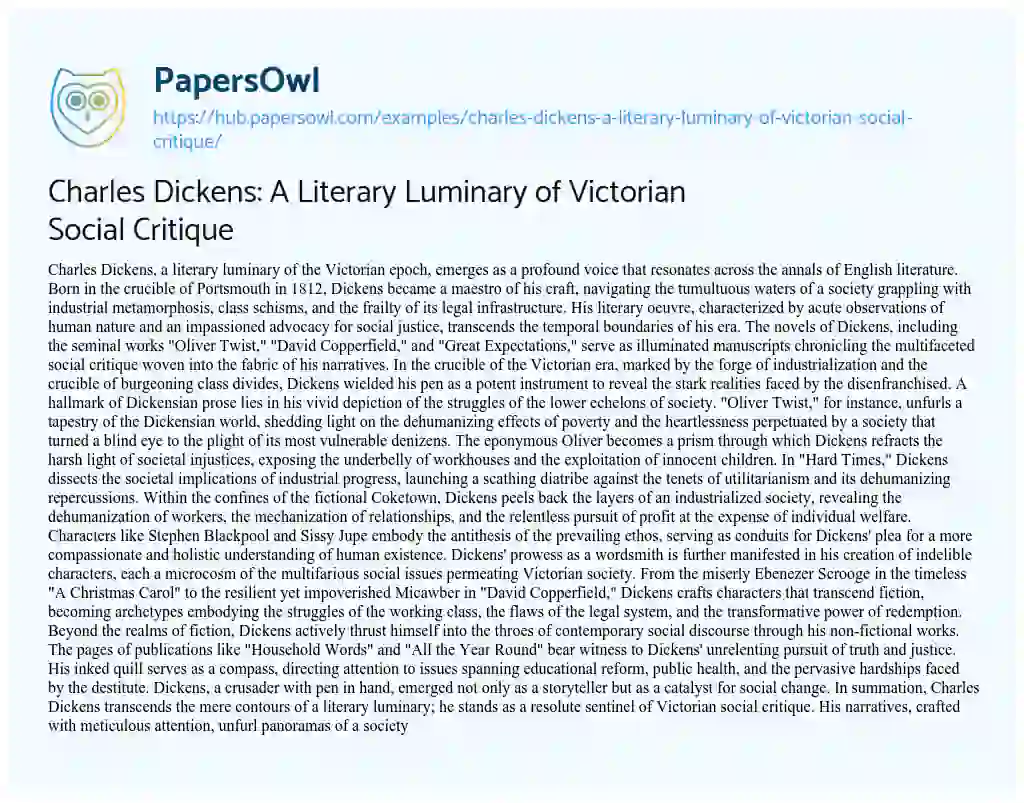 Essay on Charles Dickens: A Literary Luminary of Victorian Social Critique