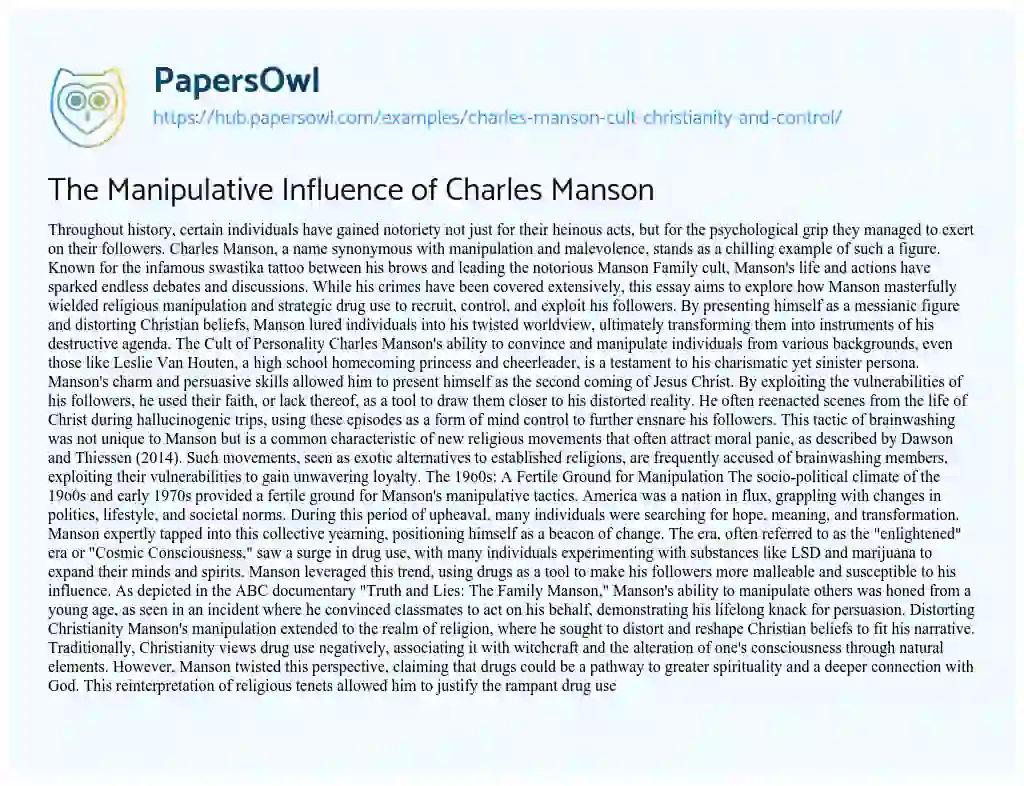 Essay on The Manipulative Influence of Charles Manson