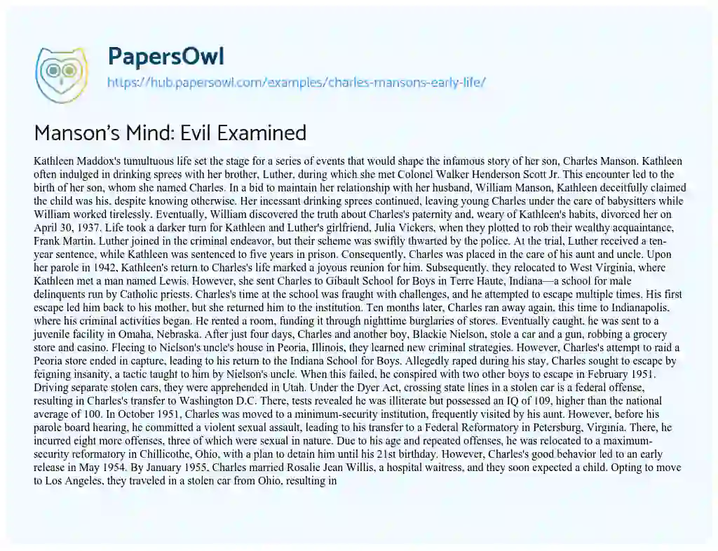 Essay on Manson’s Mind: Evil Examined