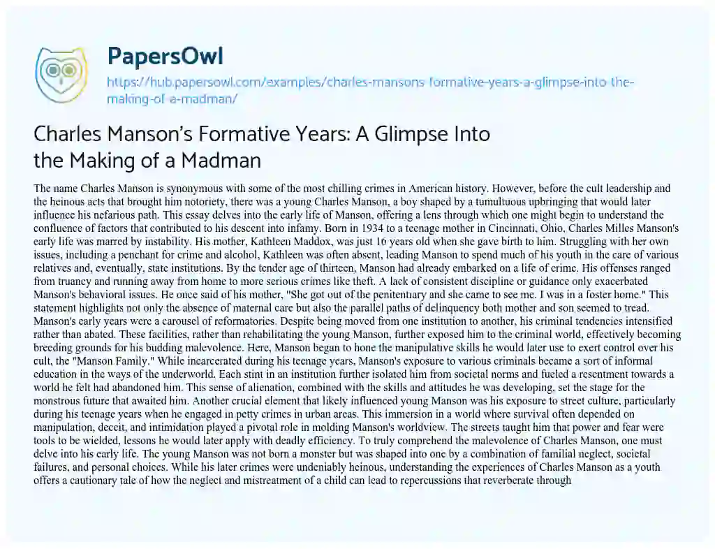 Essay on Charles Manson’s Formative Years: A Glimpse Into the Making of a Madman