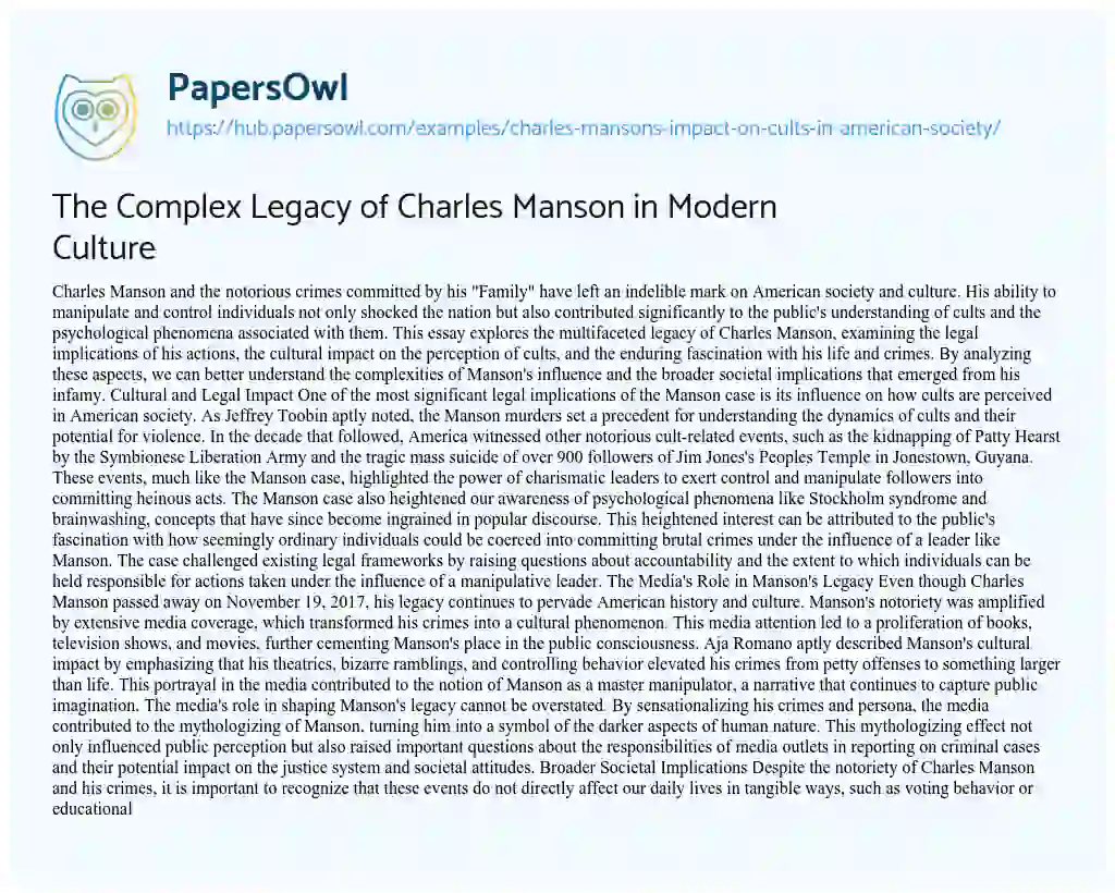 Essay on The Complex Legacy of Charles Manson in Modern Culture