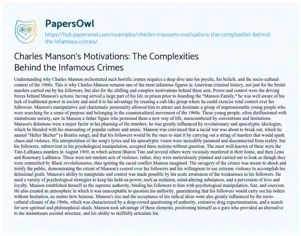 Essay on Charles Manson’s Motivations: The Complexities Behind the Infamous Crimes