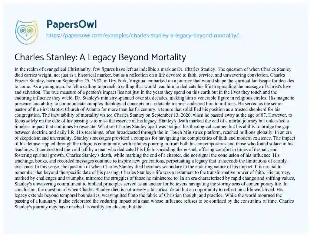 Essay on Charles Stanley: A Legacy Beyond Mortality