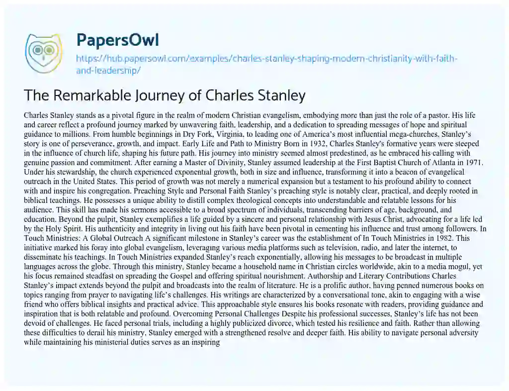 Essay on The Remarkable Journey of Charles Stanley
