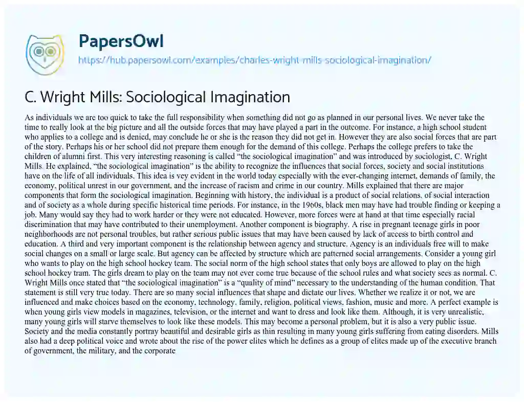 Essay on C. Wright Mills: Sociological Imagination