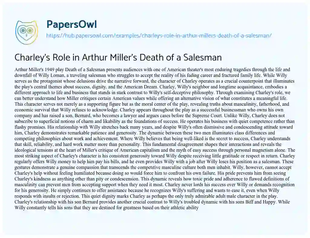 Essay on Charley’s Role in Arthur Miller’s Death of a Salesman