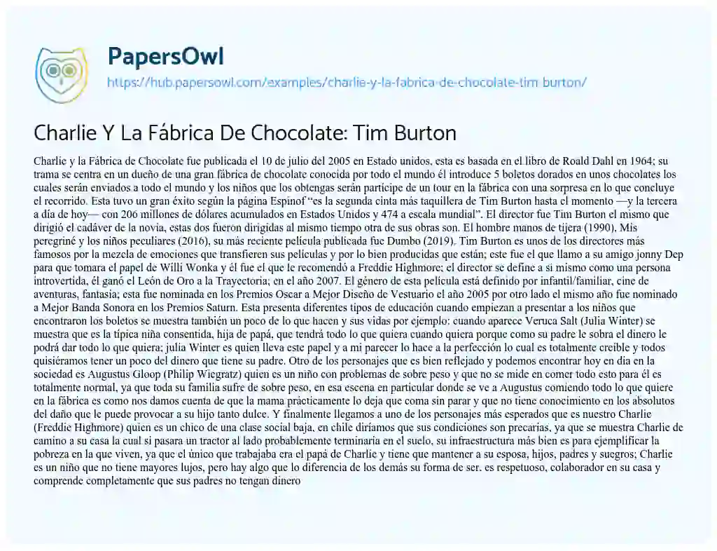 Essay on Charlie Y La Fábrica De Chocolate: Tim Burton