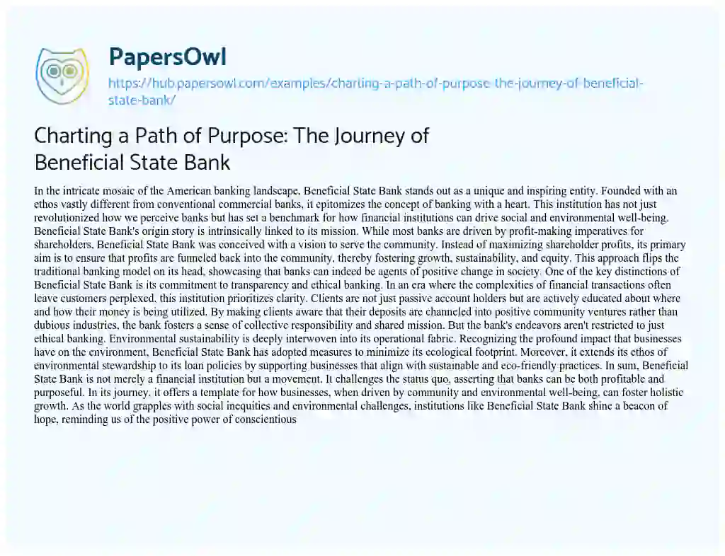 Essay on Charting a Path of Purpose: The Journey of Beneficial State Bank