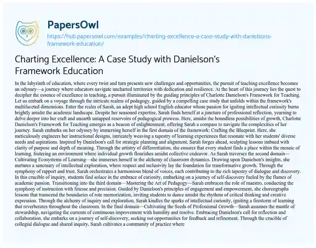 Essay on Charting Excellence: A Case Study with Danielson’s Framework Education