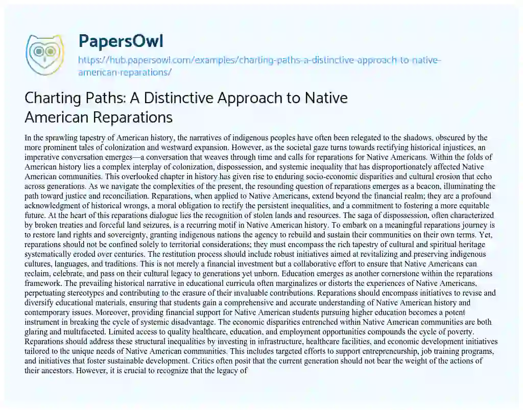 Essay on Charting Paths: A Distinctive Approach to Native American Reparations