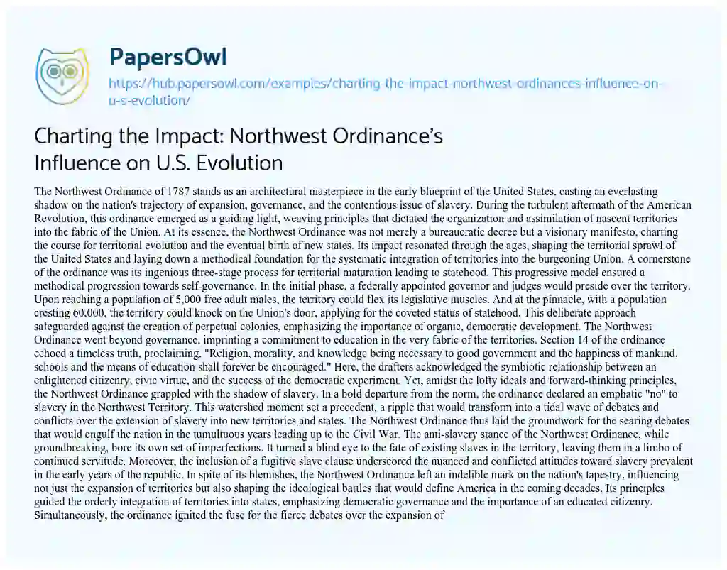 Essay on Charting the Impact: Northwest Ordinance’s Influence on U.S. Evolution