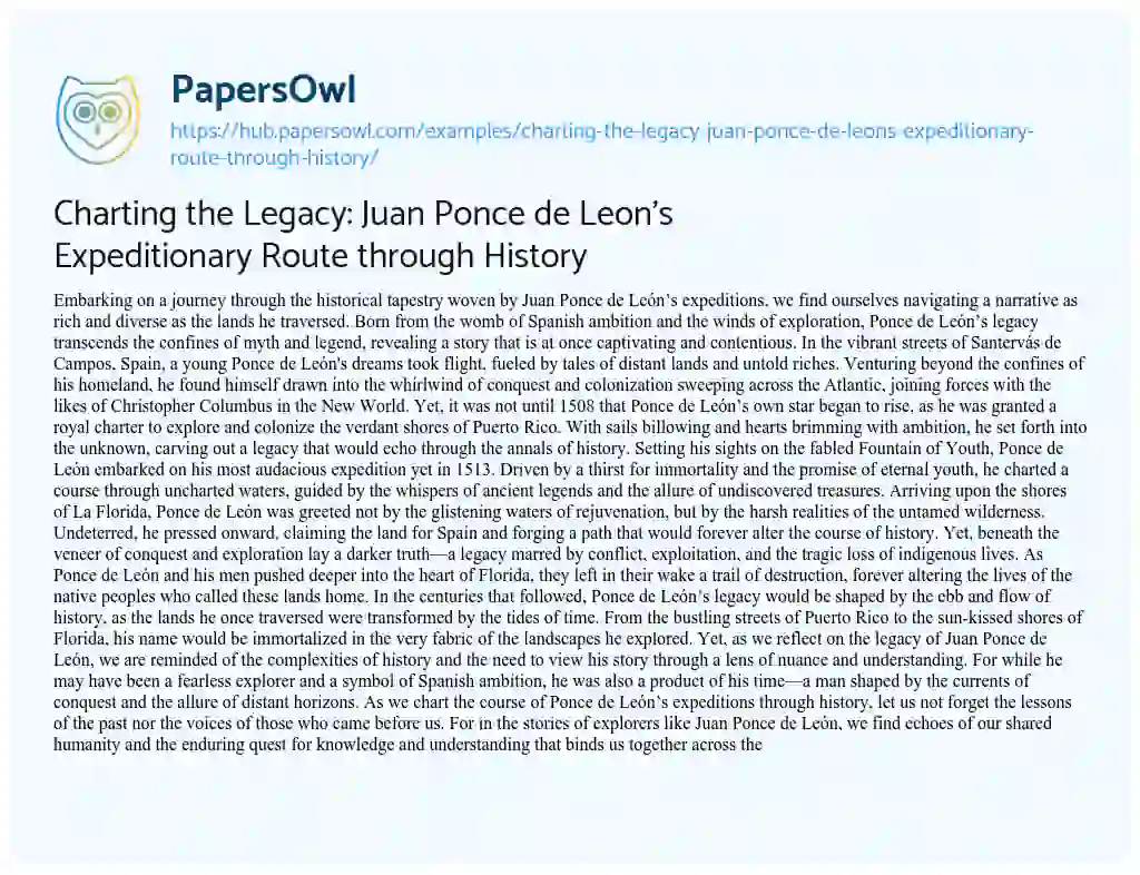 Essay on Charting the Legacy: Juan Ponce de Leon’s Expeditionary Route through History
