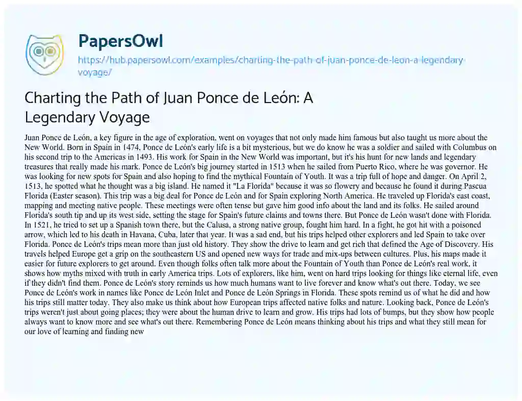 Essay on Charting the Path of Juan Ponce de León: A Legendary Voyage
