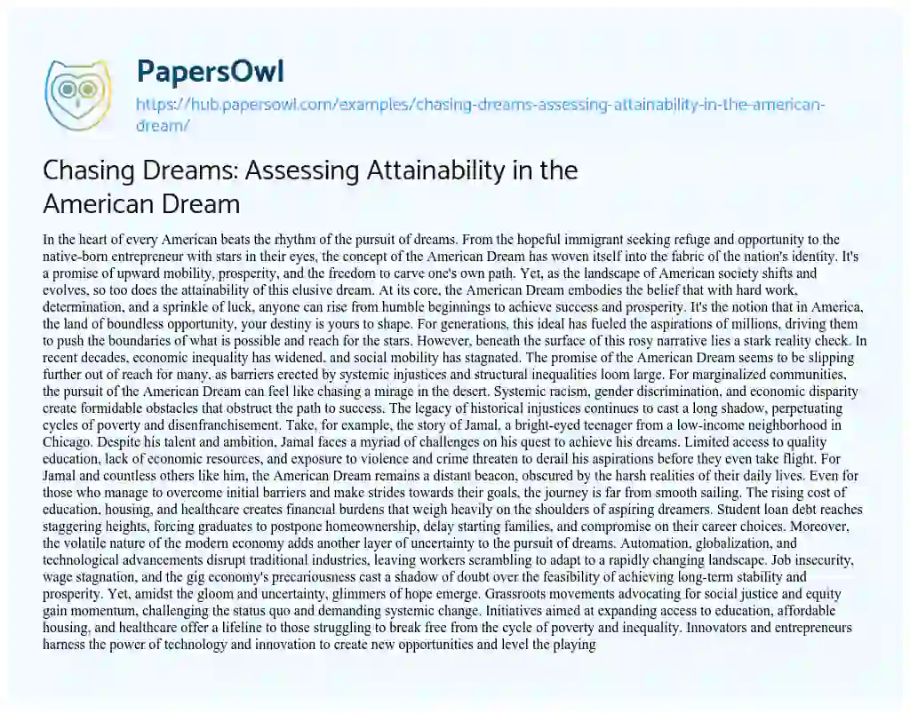Essay on Chasing Dreams: Assessing Attainability in the American Dream