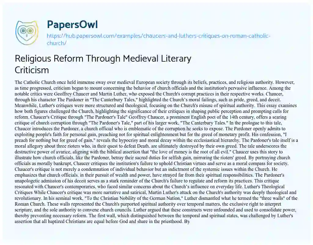 Essay on Religious Reform Through Medieval Literary Criticism