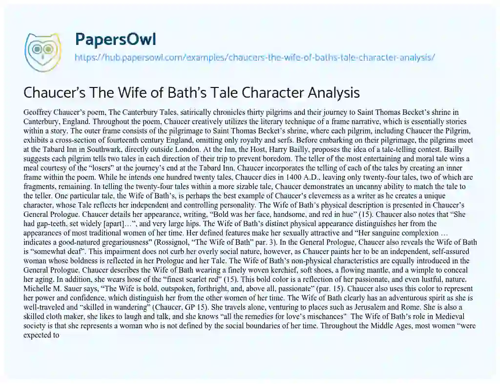 Essay on Chaucer’s The Wife of Bath’s Tale Character Analysis