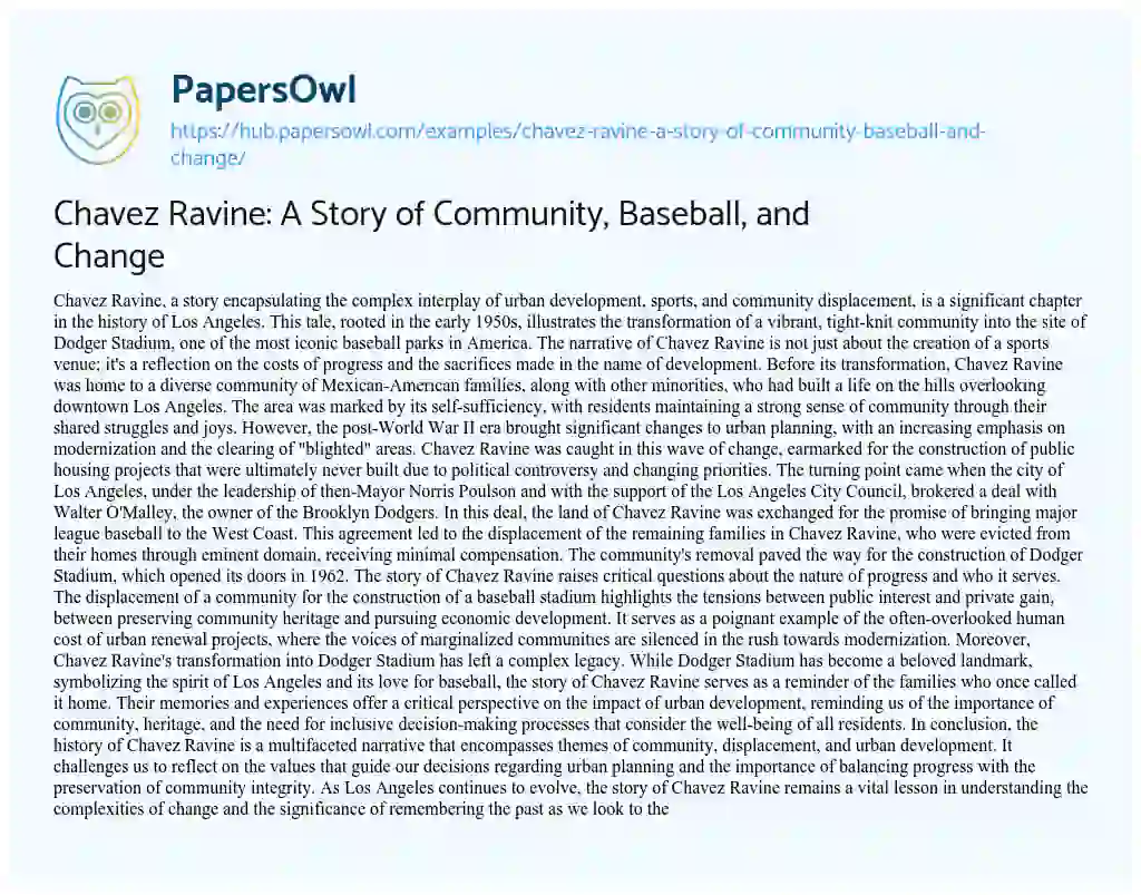 Essay on Chavez Ravine: A Story of Community, Baseball, and Change