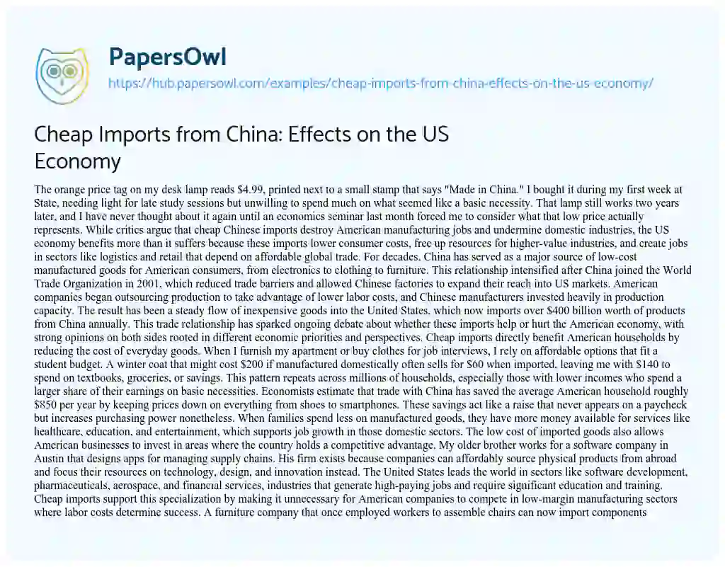 Essay on Cheap Imports from China: Effects on the US Economy