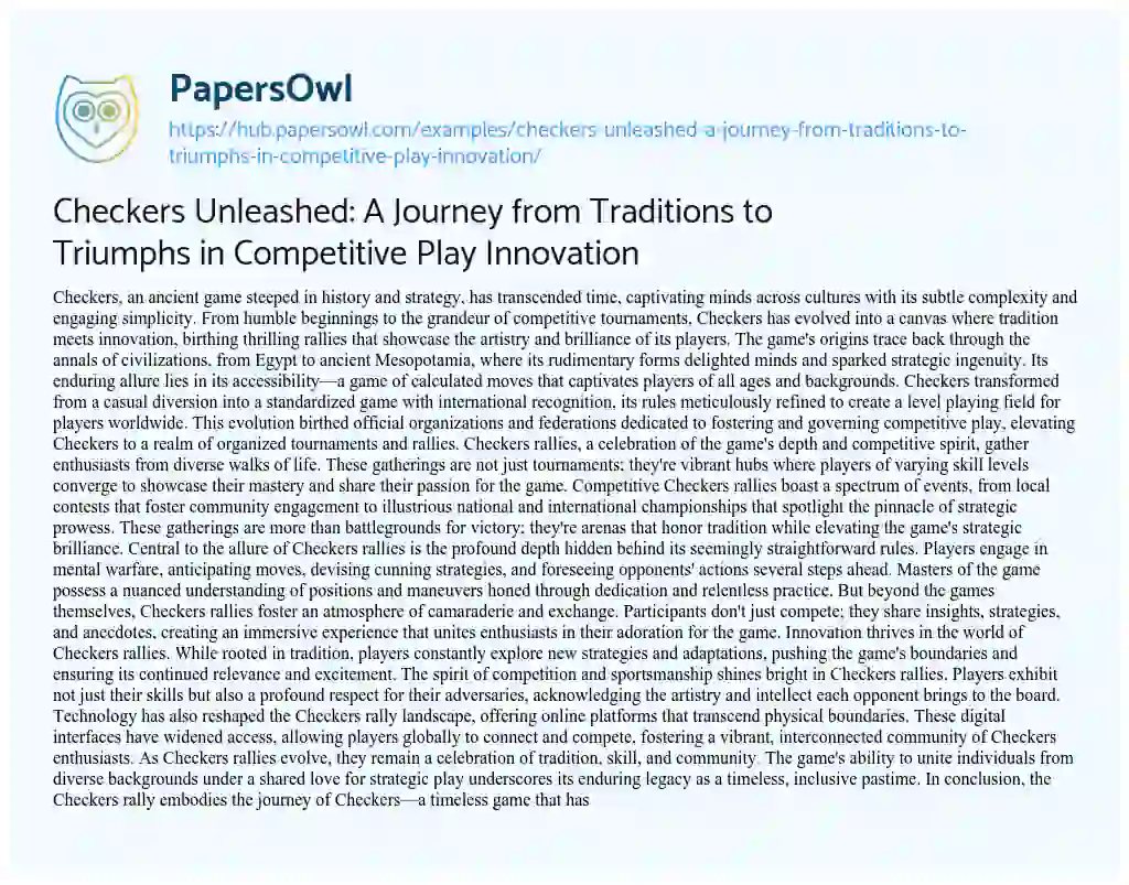 Essay on Checkers Unleashed: A Journey from Traditions to Triumphs in Competitive Play Innovation