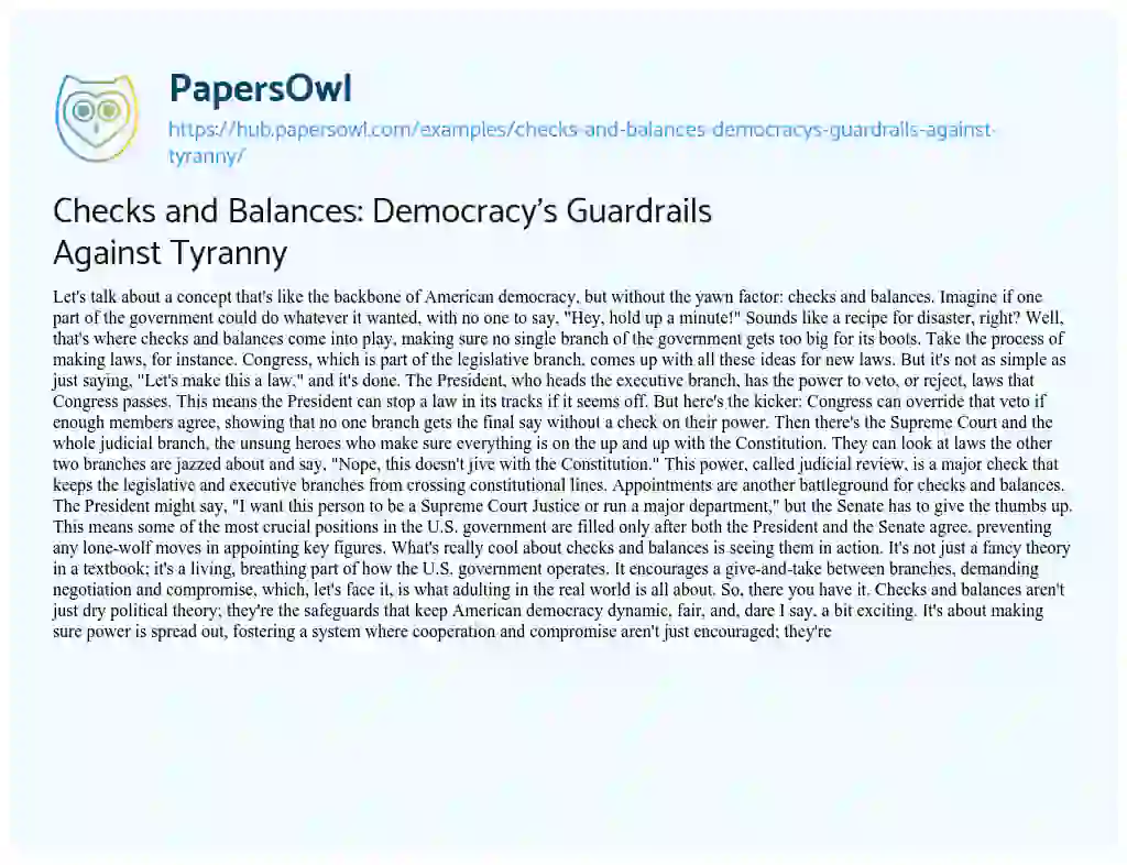 Essay on Checks and Balances: Democracy’s Guardrails Against Tyranny