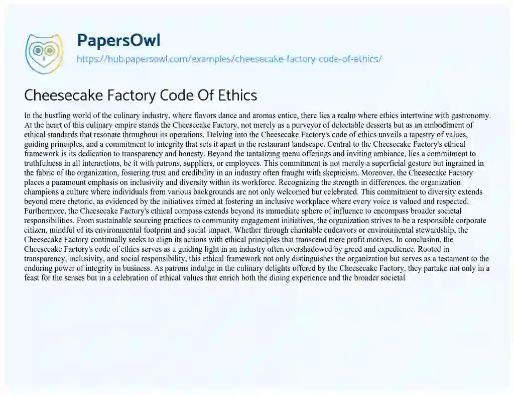 Essay on Cheesecake Factory Code Of Ethics