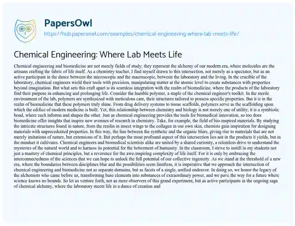 Essay on Chemical Engineering: Where Lab Meets Life
