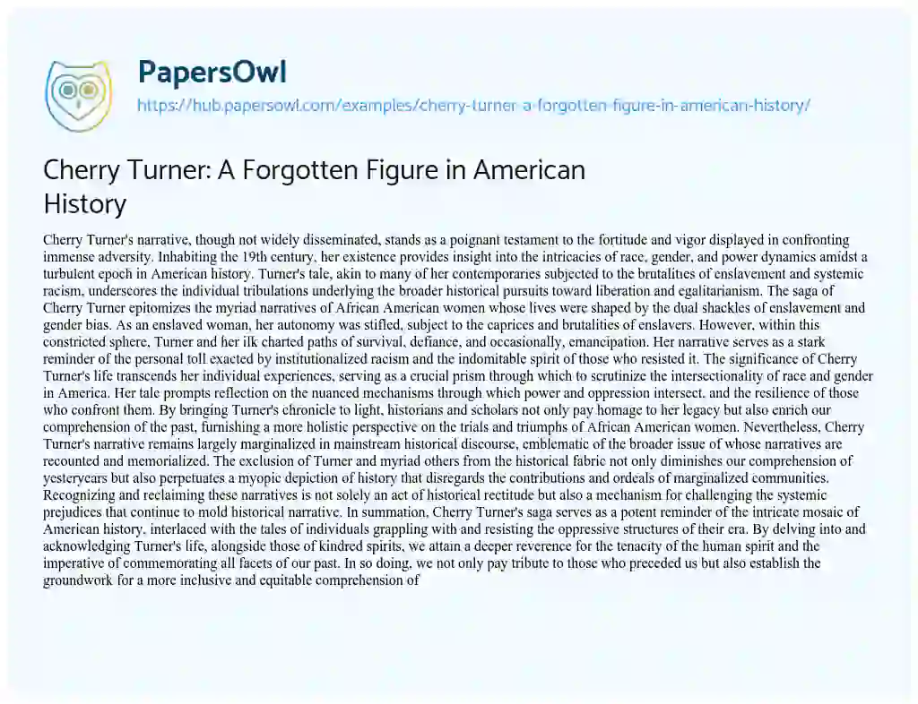 Essay on Cherry Turner: A Forgotten Figure in American History