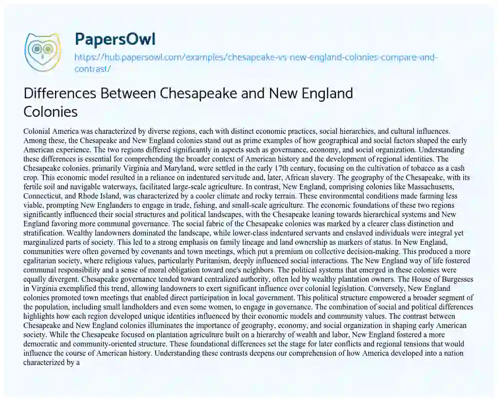 Essay on Differences Between Chesapeake and New England Colonies