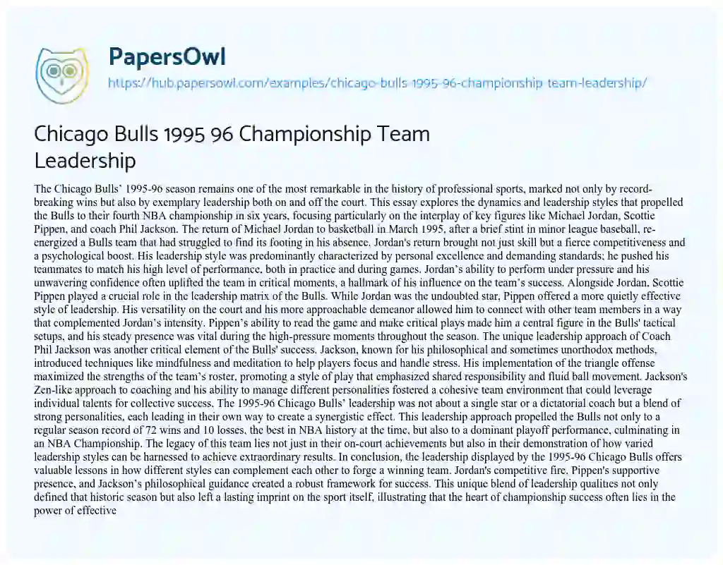Essay on Chicago Bulls 1995 96 Championship Team Leadership