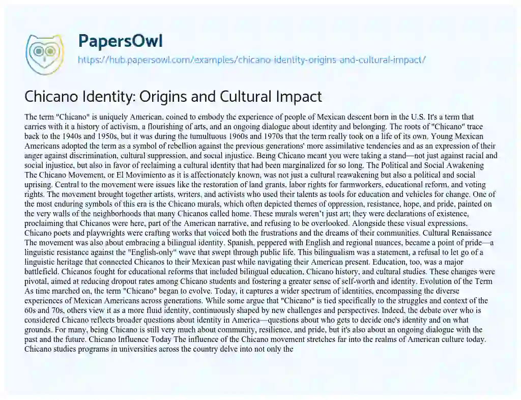 Essay on Chicano Identity: Origins and Cultural Impact