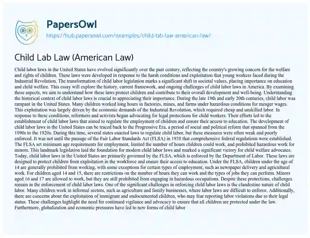 Essay on Child Lab Law (American Law)