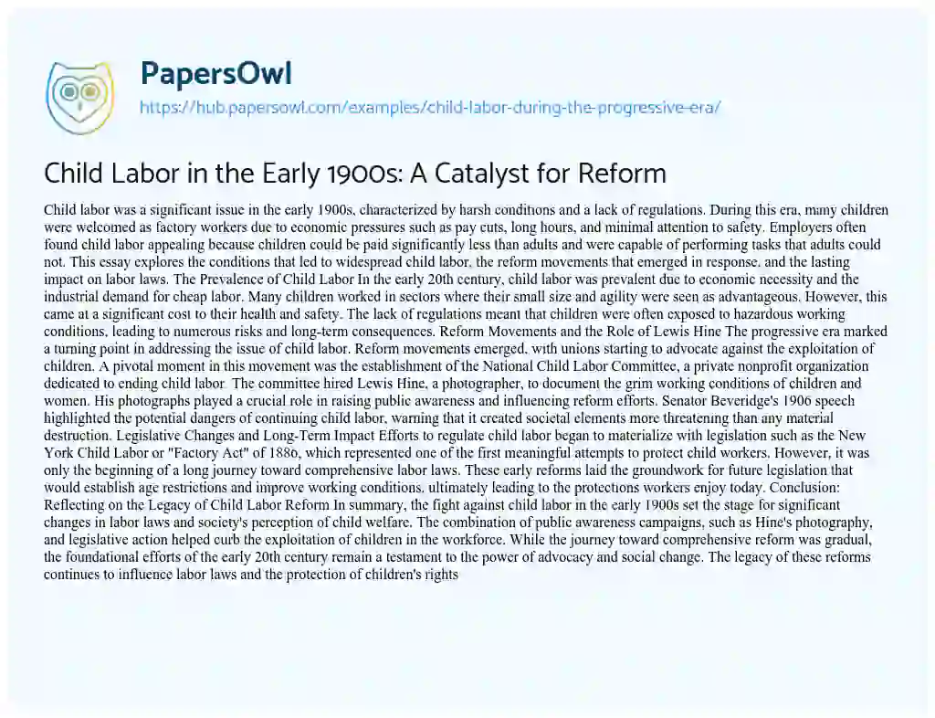 Essay on Child Labor in the Early 1900s: A Catalyst for Reform