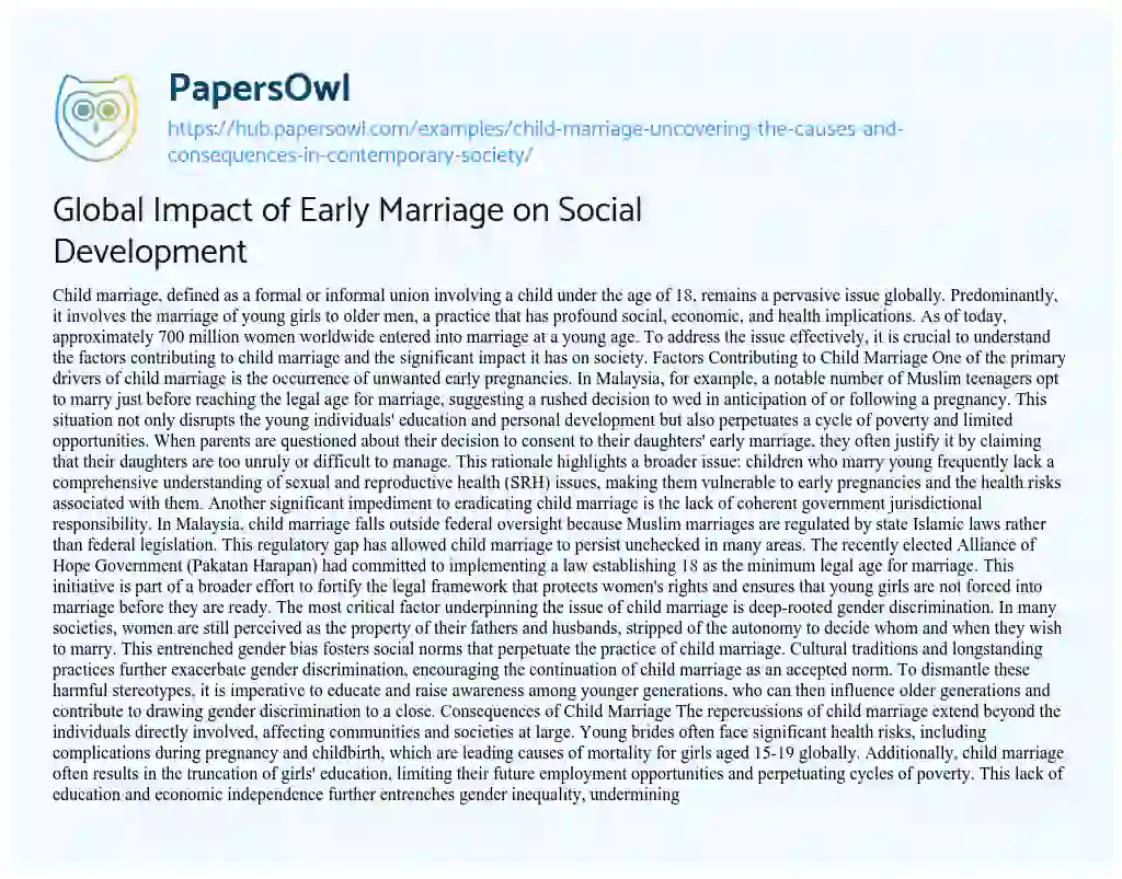 Essay on Global Impact of Early Marriage on Social Development
