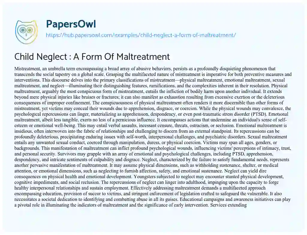 Essay on Child Neglect : A Form Of Maltreatment