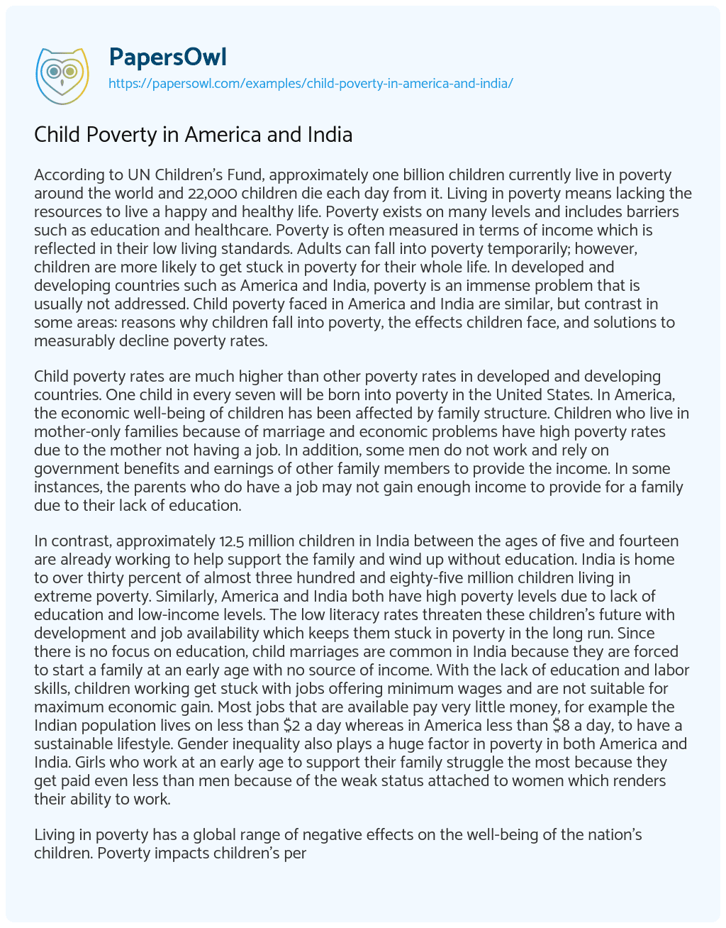Essay on Child Poverty in America and India
