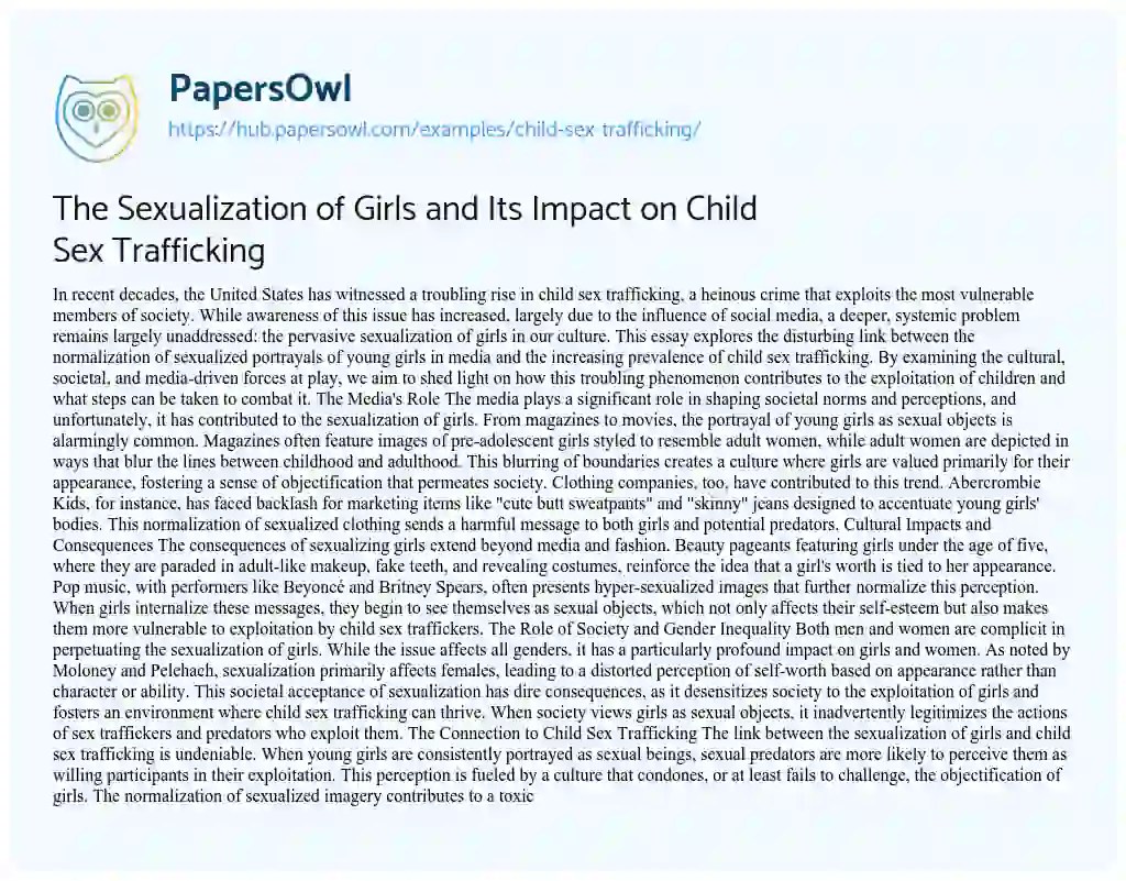 Essay on The Sexualization of Girls and Its Impact on Child Sex Trafficking