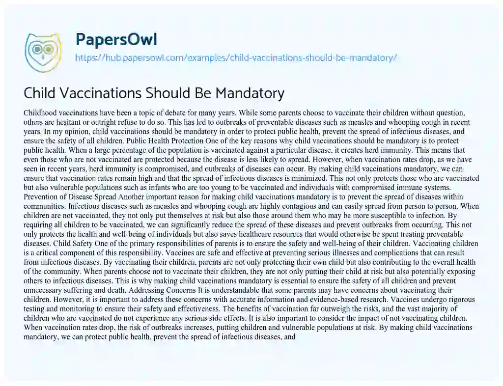 Essay on Child Vaccinations Should Be Mandatory
