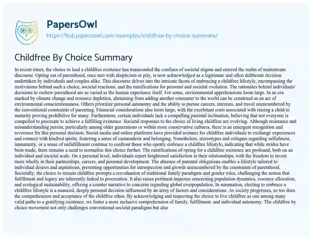 Essay on Childfree By Choice Summary