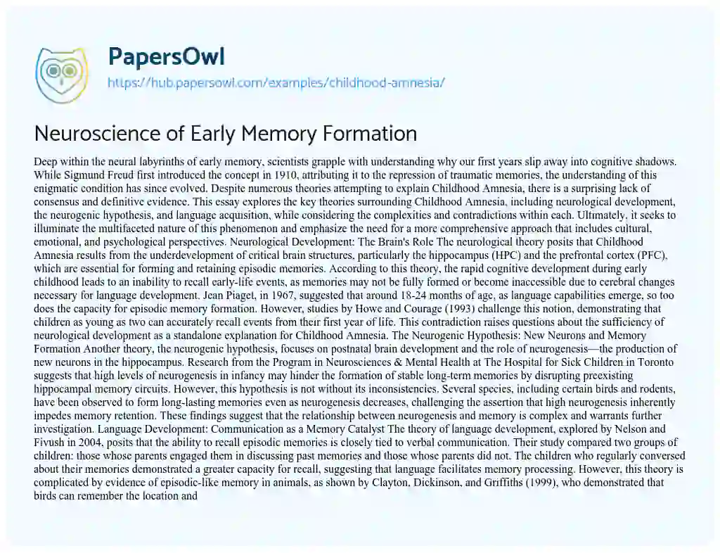 Essay on Neuroscience of Early Memory Formation