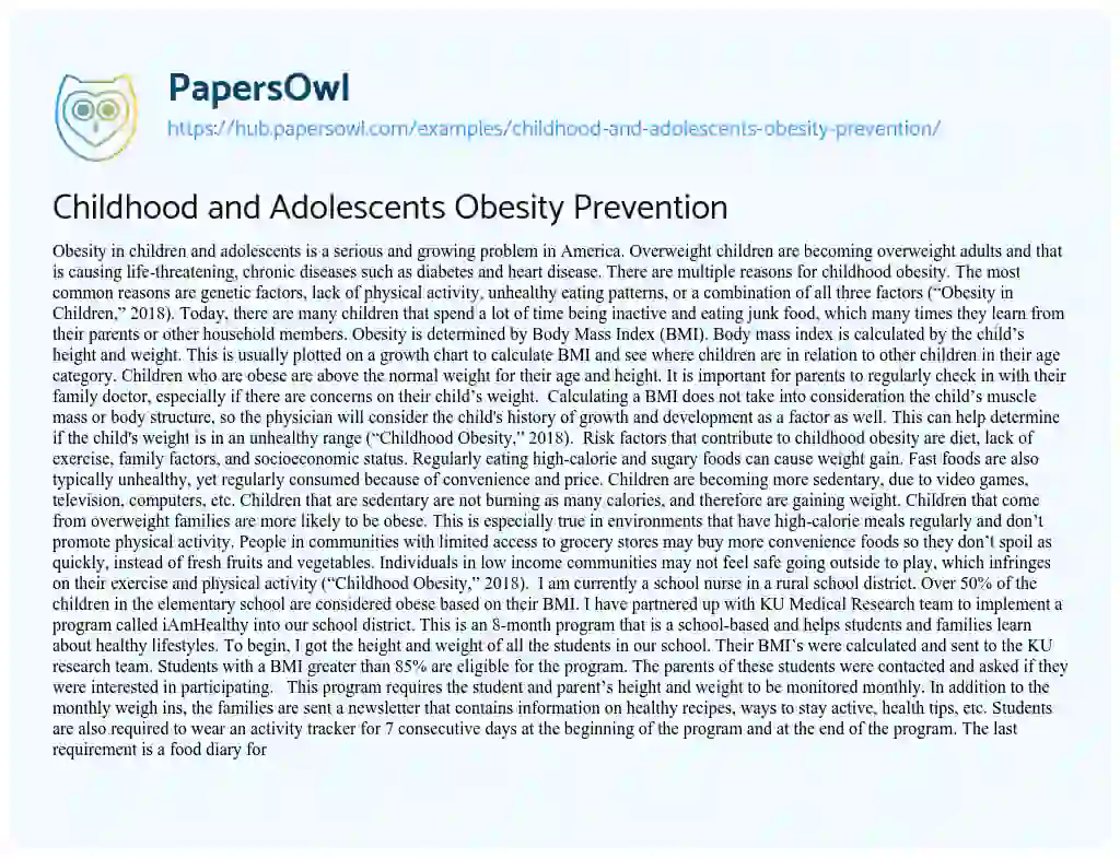 Essay on Childhood and Adolescents Obesity Prevention