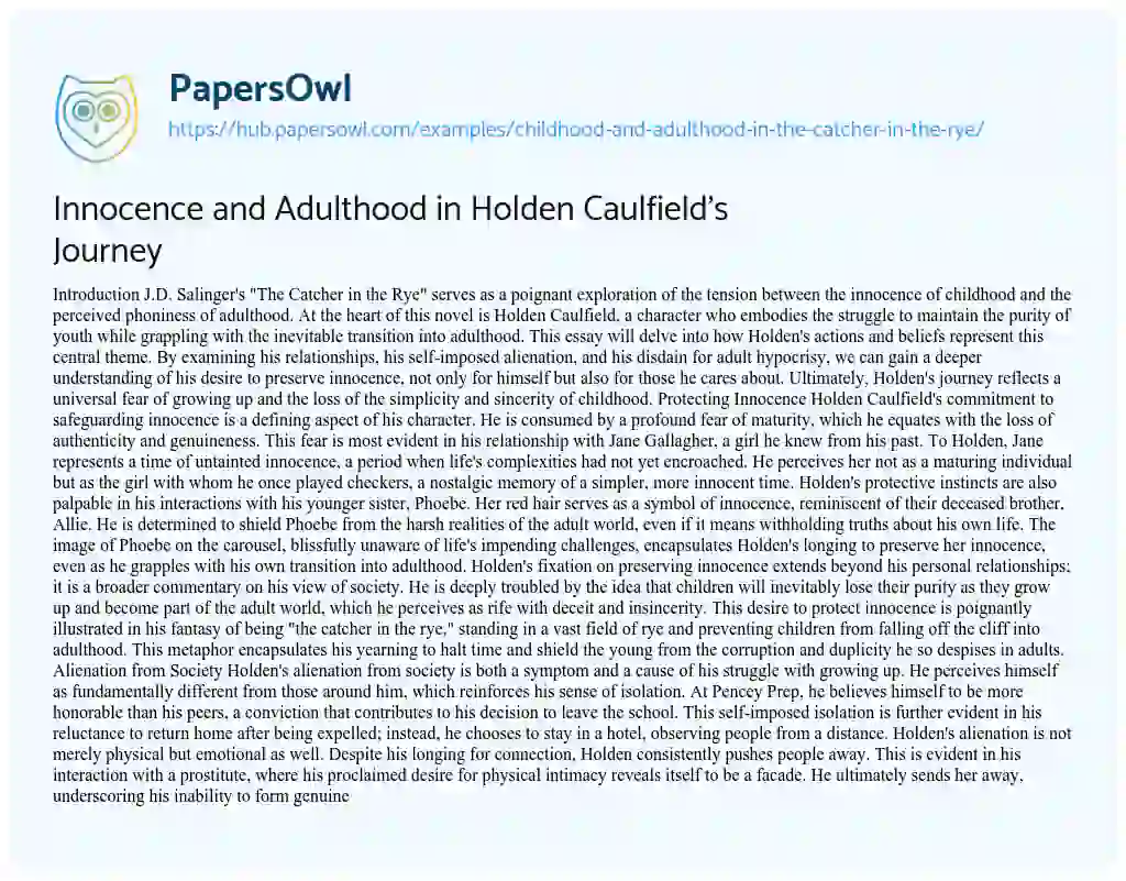 Essay on Innocence and Adulthood in Holden Caulfield’s Journey