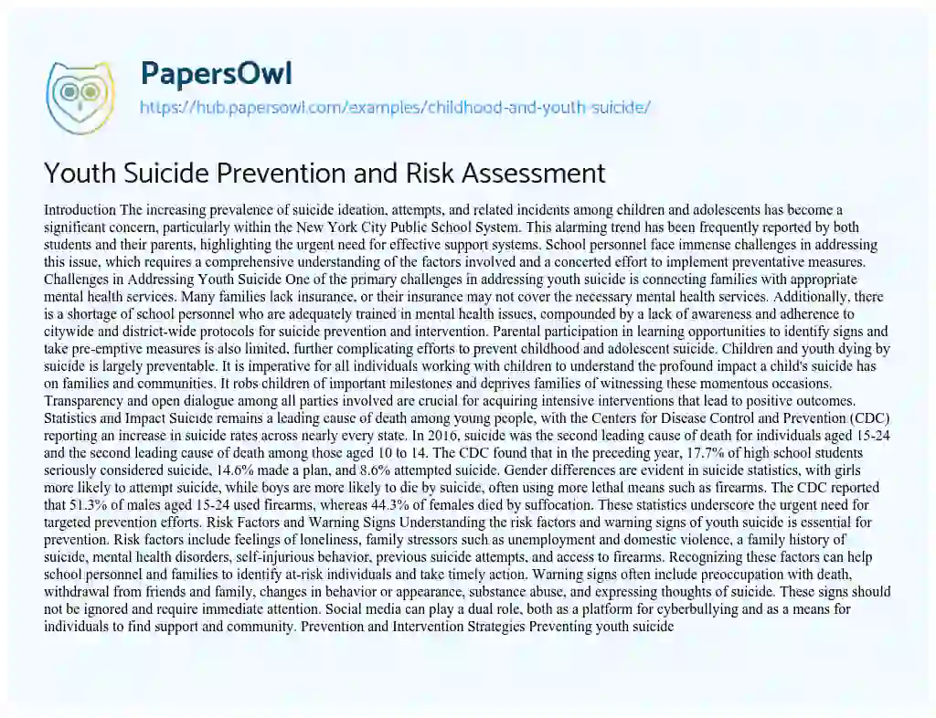 Essay on Youth Suicide Prevention and Risk Assessment