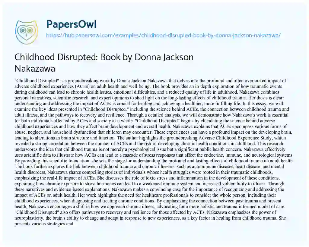 Essay on Childhood Disrupted: Book by Donna Jackson Nakazawa