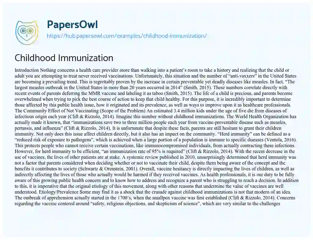 Essay on Childhood Immunization