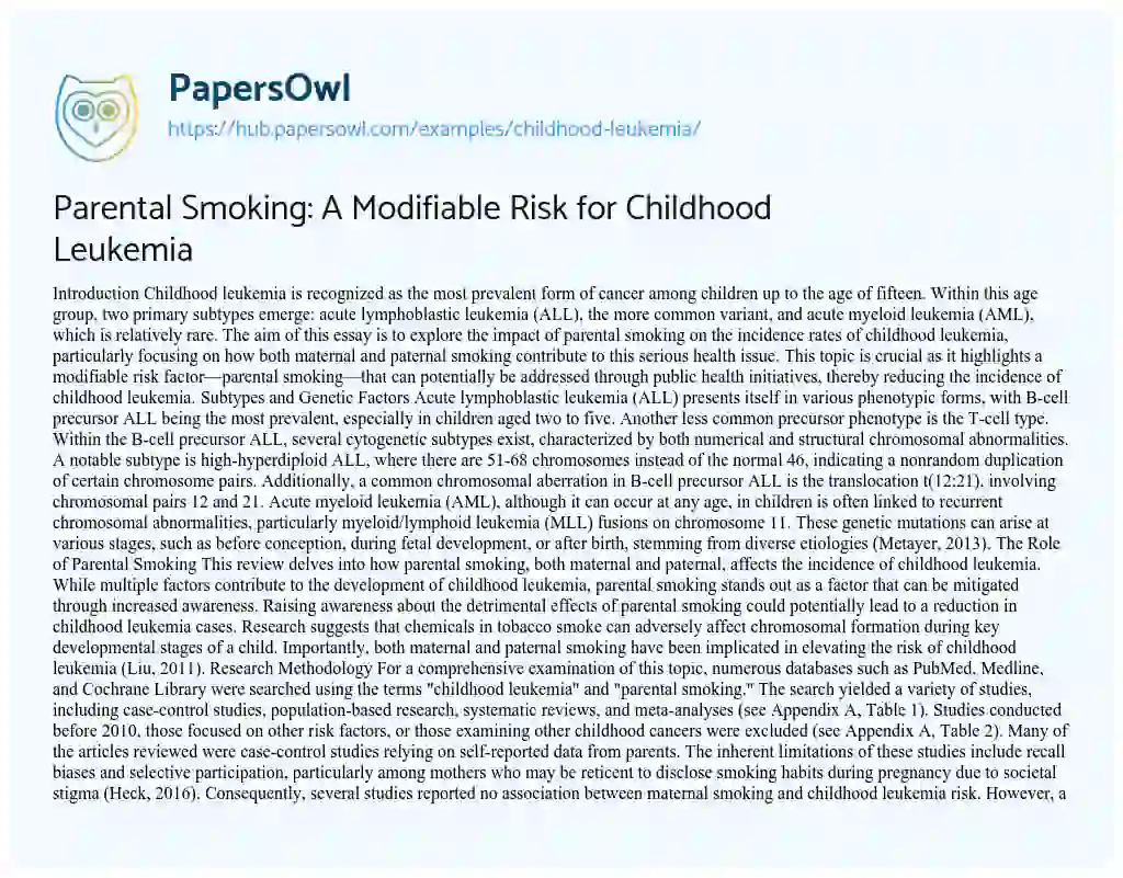 Essay on Parental Smoking: A Modifiable Risk for Childhood Leukemia